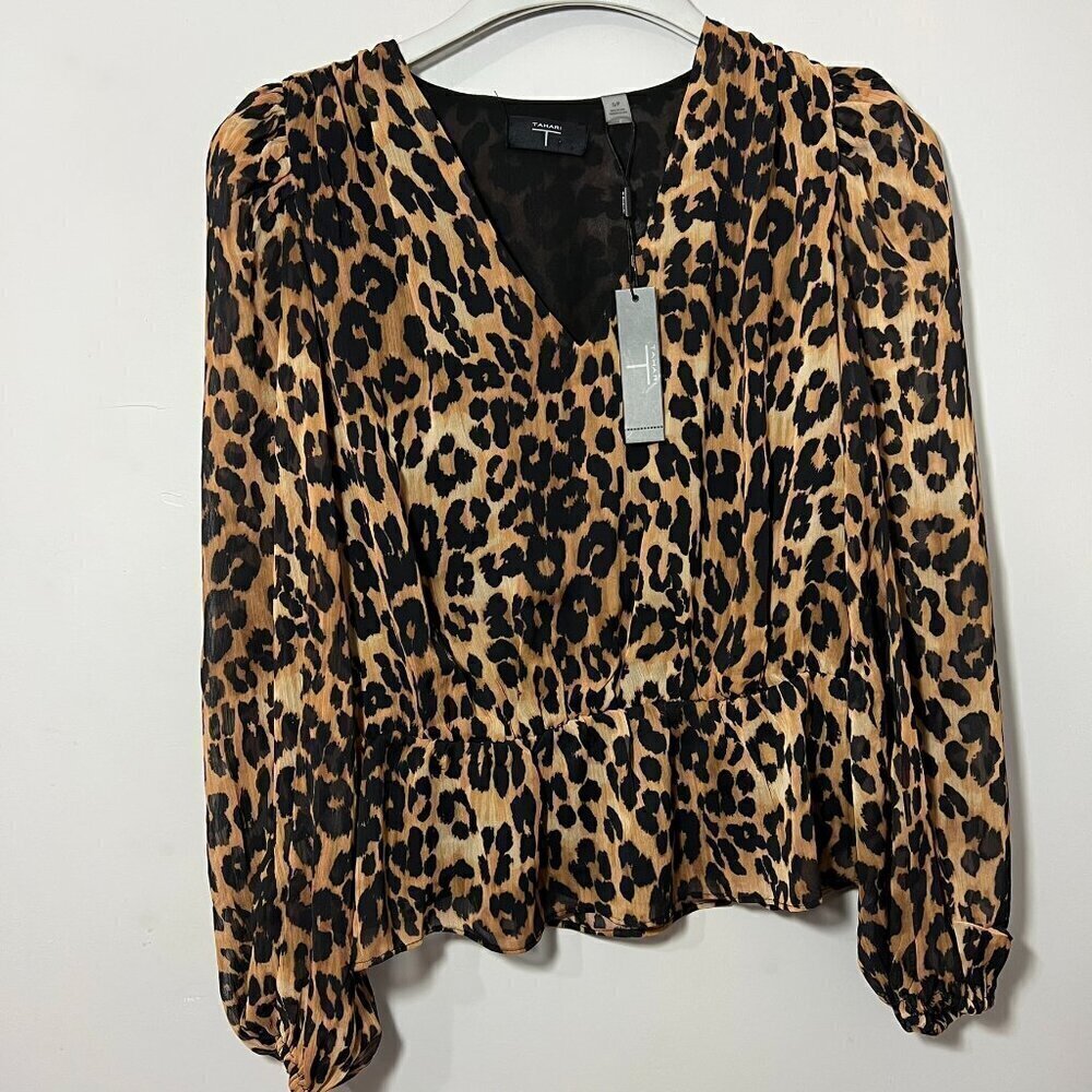 NWT Tahari leopard print long sleeve blouse animal print peplum flowy top tan - Picture 3 of 9